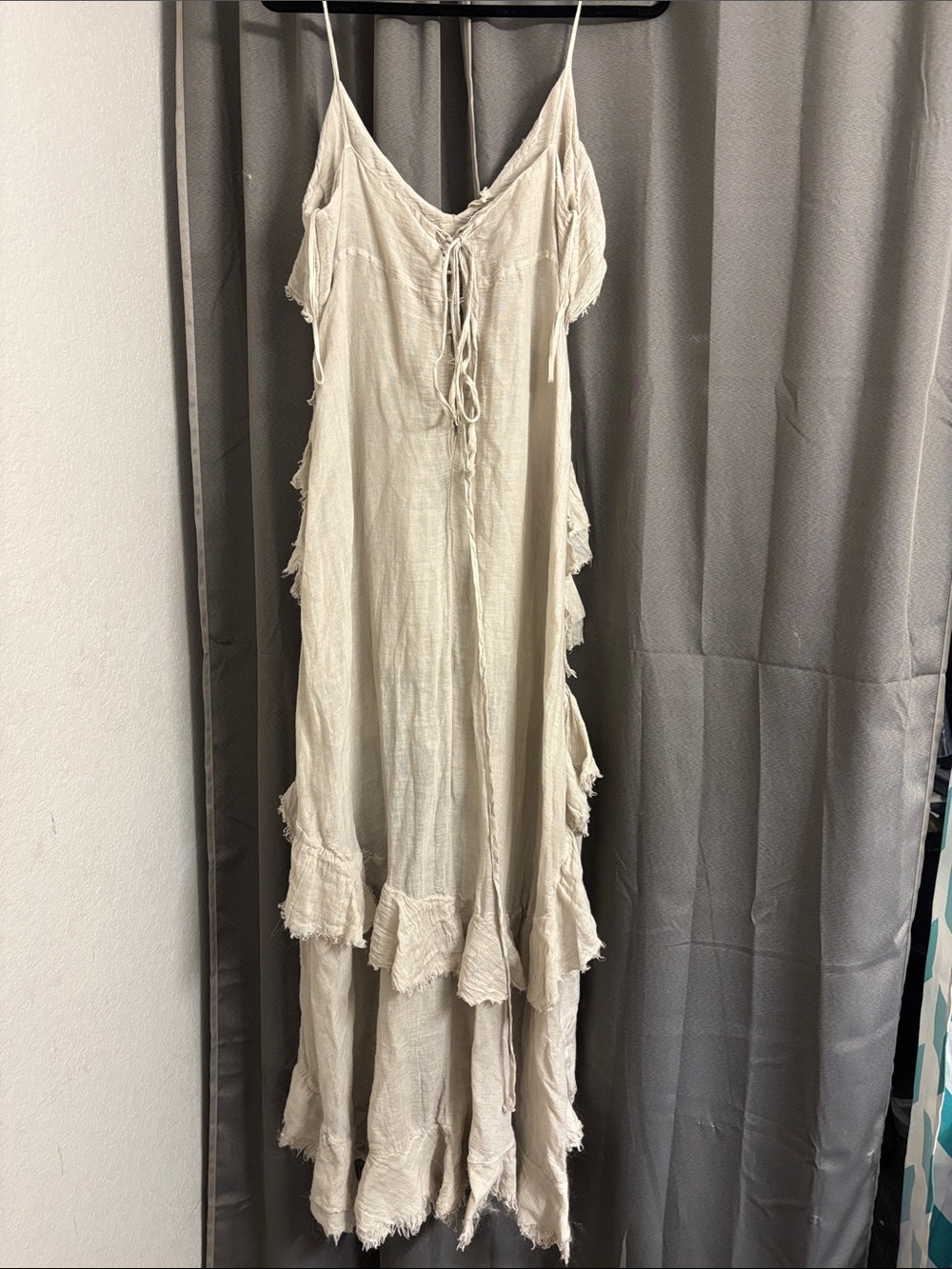 Boho Tiered Ruffle Maxi Dress in Beige — Lightweight Spaghetti-Strap Maxi - Picture 4 of 5